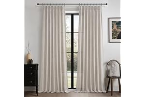 Pleated Greyish Brown Light Filtering 102 Inch Long Curtains 2 Panels Set for Sliding Glass Door, Country Pleat Flax Linen Se