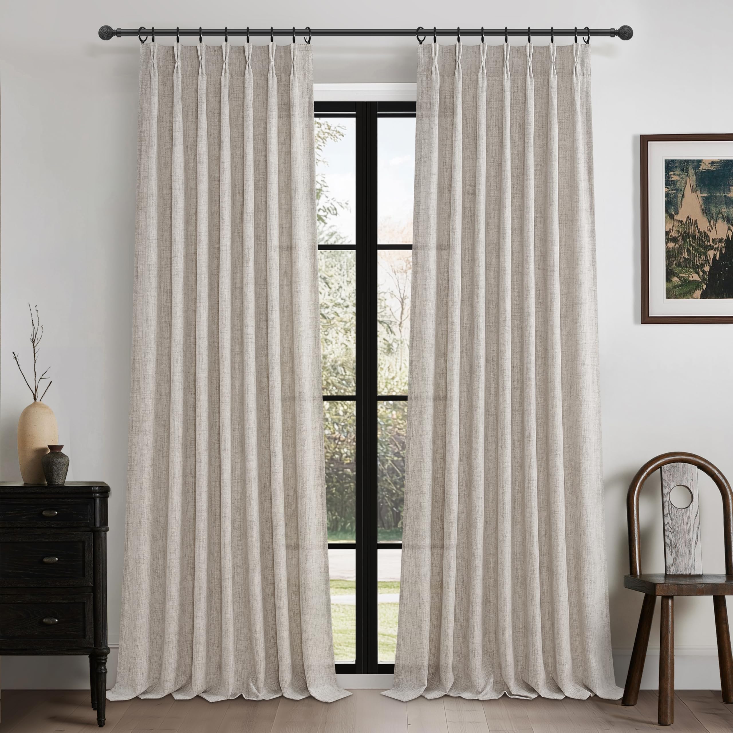 Photo 1 of Grayish Brown Thick Burlap Semi Sheer Curtains 96 Inches Long for Bedroom 2 Panels Set, Pinch Pleated Linen Blend Tan Light Filtering Curtain with Hooks Back Tab Memory Trained Viral Window Drapes 8FT