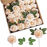 Lansdowns Artificial Flower Foam Rose 25pcs Real Looking Fake Rose with Stems Leaves for Home Decoration Party Garden Centerpieces DIY Wedding Bouquets（Blush）