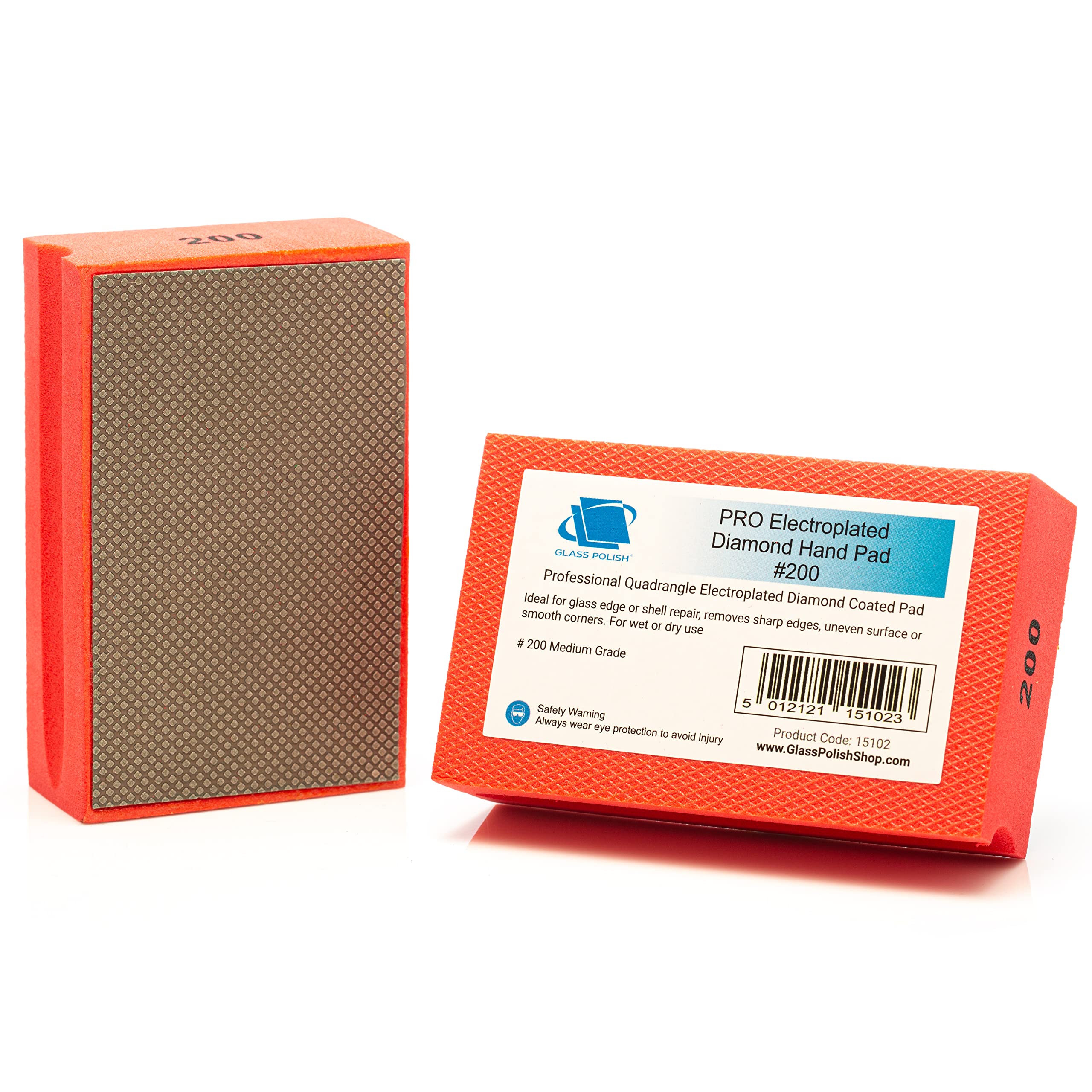 Glass Polish PRO Diamond Hand Polishing Pad, Grit 200 Medium Foam Sanding Block for Detailed Edging and Controlled Sanding of Glass, Tiles, Ceramics, Concrete, Granite, Marble, and More - GP15102