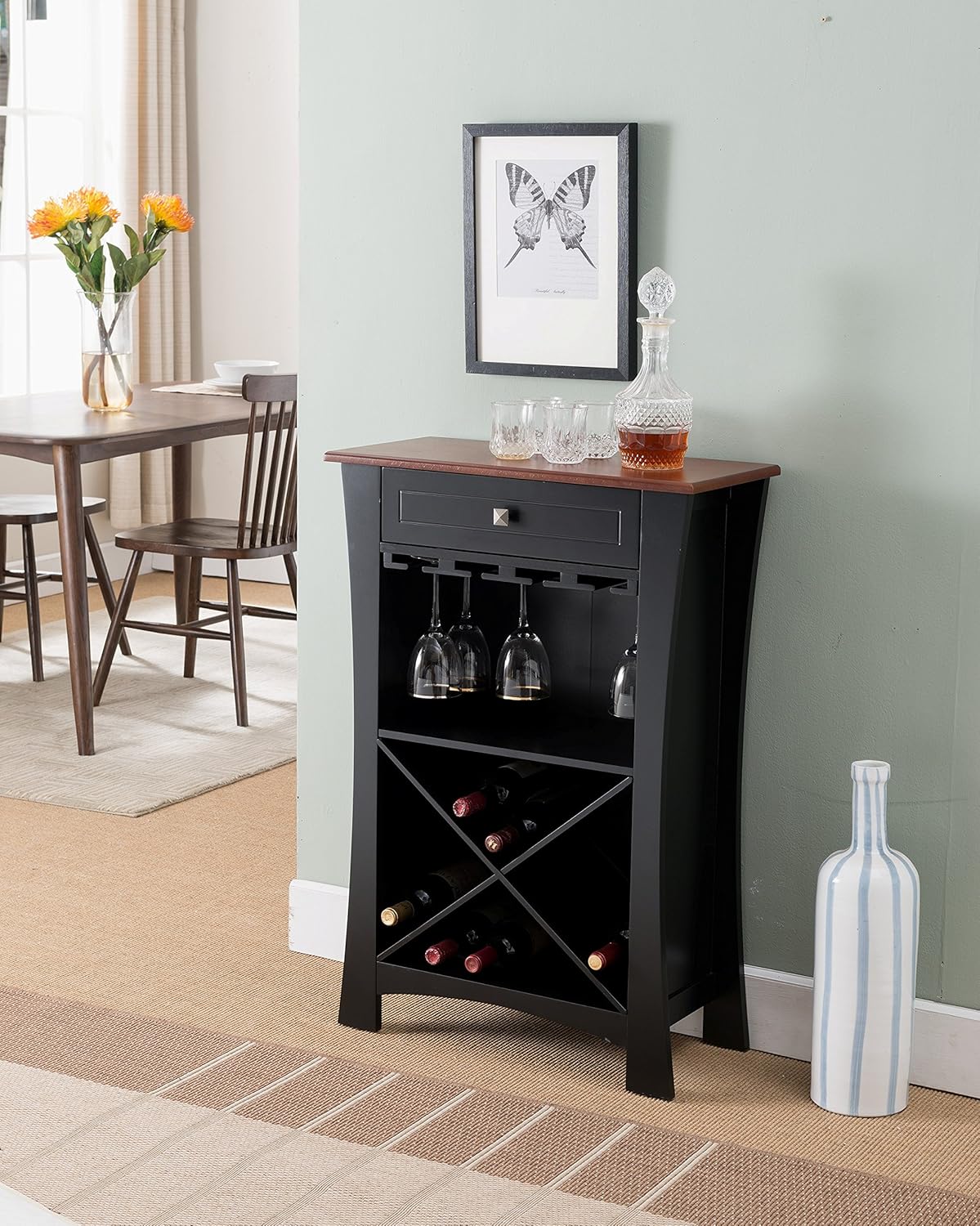 Kings Brand Hiland Bar Cabinet Wine Storage With Glass Holders & Drawer, Black, Black