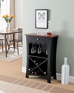 Kings Brand Hiland Bar Cabinet Wine Storage With Glass Holders & Drawer, Black, Black