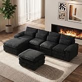 113" U Shaped Cloud Sectional Couch with Ottoman,Corduroy Sofa,Dark Black | Oversized Modular U Shaped Sofa with Deep Seating,Movable Ottoman &amp; Chaise for Living Rooms, Family Rooms and Movie Nights