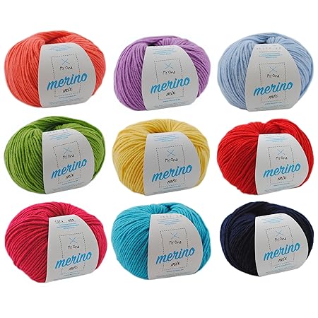 MyOma Merinowolle kaufen * Wollmix Farbenfroh XL * Bunte Wolle zum Stricken - Strickgarn Merino Mix 9 Knäuel + GRATIS Label -