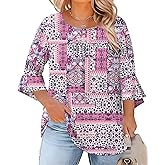Rapbin Plus Size Tops for Women 3/4 Ruffle Sleeve Crew Neck Button Down Pleated Blouses Casual Fashion Tunic (1X-5X)