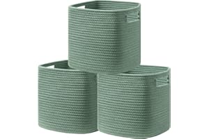 UBBCARE Set of 3 Cotton Rope Basket 11 X 10.5 X 10.5 Inches, Woven Storage Baskets for Shelves, Organizing with Handles, Cube Storage Bins for Storage Books, Magazines, Green