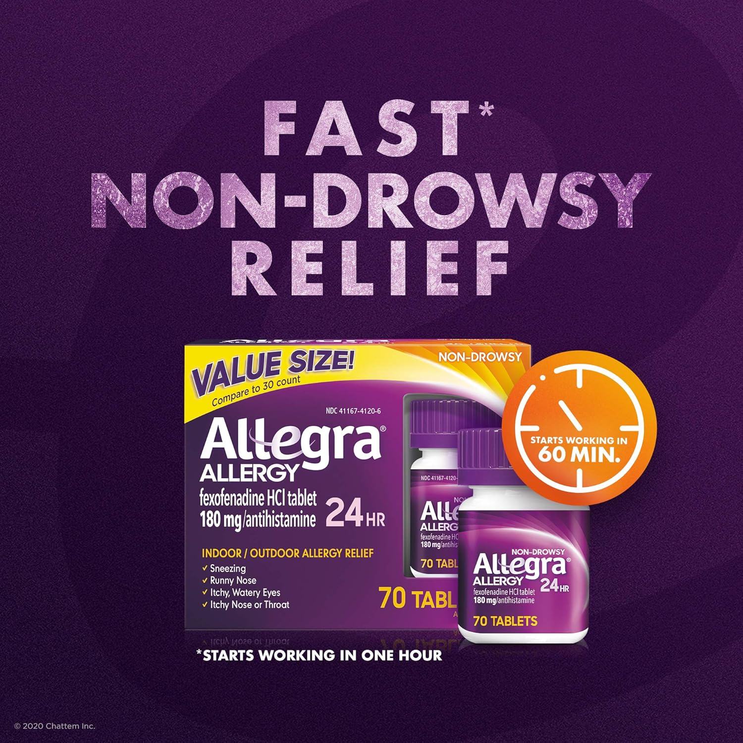 Allegra Adult 24 Hour Allergy Relief 70-Count Long-Lasting Fast-Acting Antihistamine for Noticeable Relief from Indoor and Outdoor Allergy Symptoms: Health & Personal Care