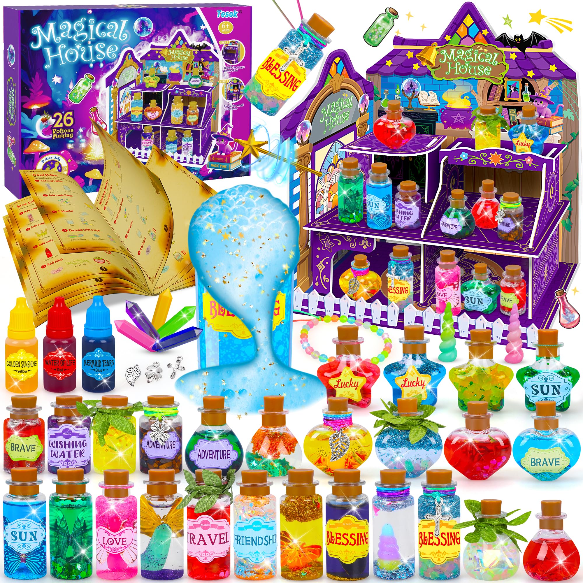 Tesok Magic Potions Kit for Kids with DIY Magical House,26 Mixed Magic Wizard Potion Bottles,Mystery Potions Craft Kit,Christmas Decorations Birthday Gifts for Age 6 7 8 9 10+ Year Old Girls Boys