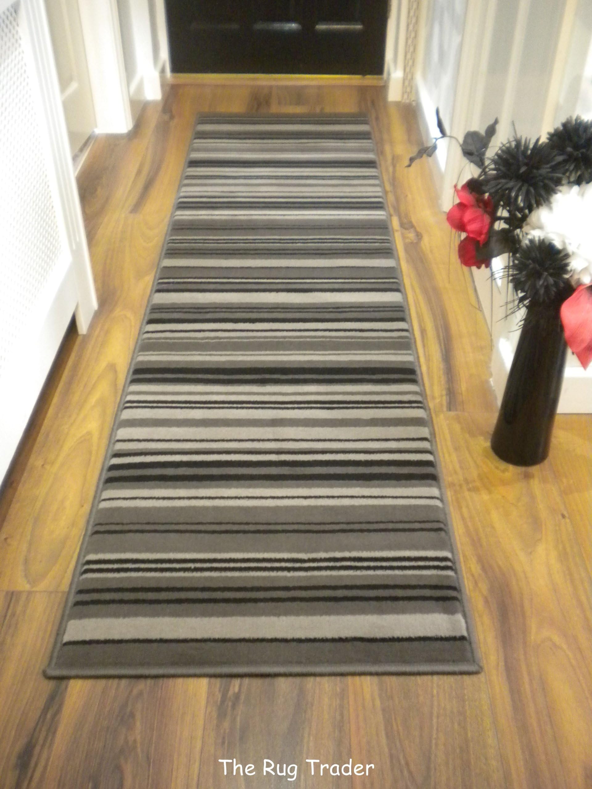 Modern Stripe Rug Grey Black Hall Runner 60cm x 220cm