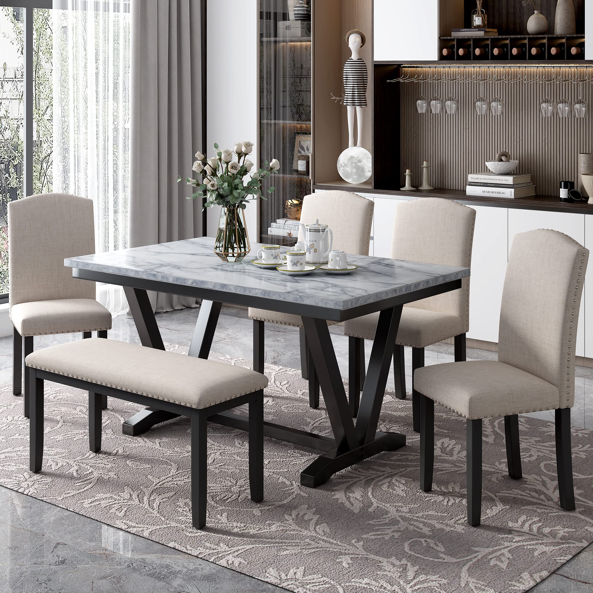 Photo 1 of **TABLE NOT INCLUDED/ BOX 1 OF 2 ** Ball & Cast 6 Piece Dining Table Set with 4 Chairs & 1 Bench,Living Room Furniture W/ 60" Rectangle Marbled Veneers Tabletop Kitchen Desk,for Restaurant,Home Bistro,White