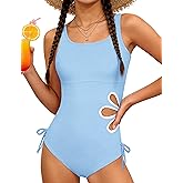 KANGKANG Girls Swimsuit Solid Color Cut Out One Piece Bathing Suit with Chest Pad Adjustable Strap Round Neck Girls' Swimwear