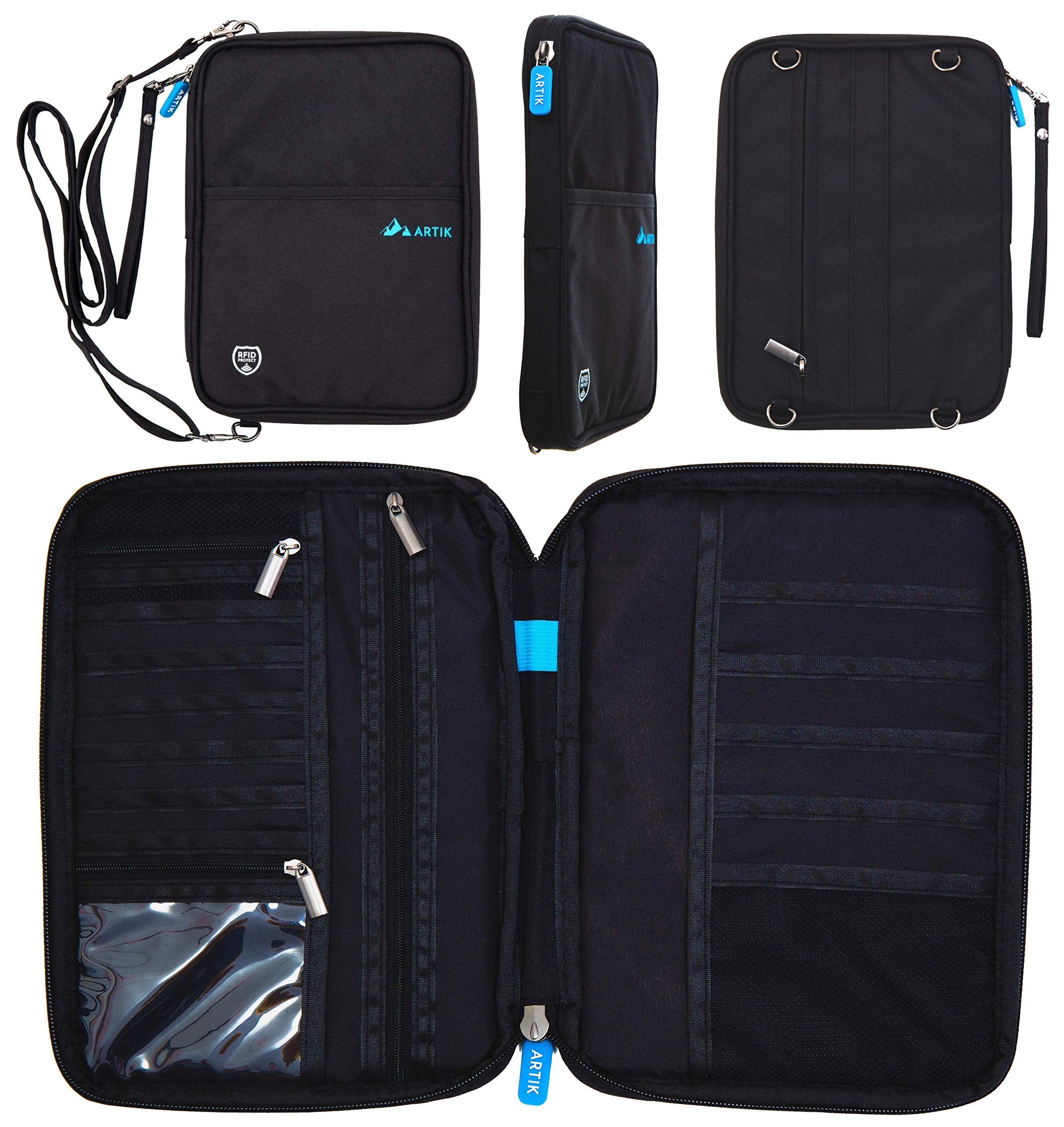 ARTIK Family Passport Holder - Large Capacity - Removable Shoulder and Wrist Straps - Earphone/Charging Cable Hole - RFID Blocking - Water Resistant - Travel Wallet - Document Organiser