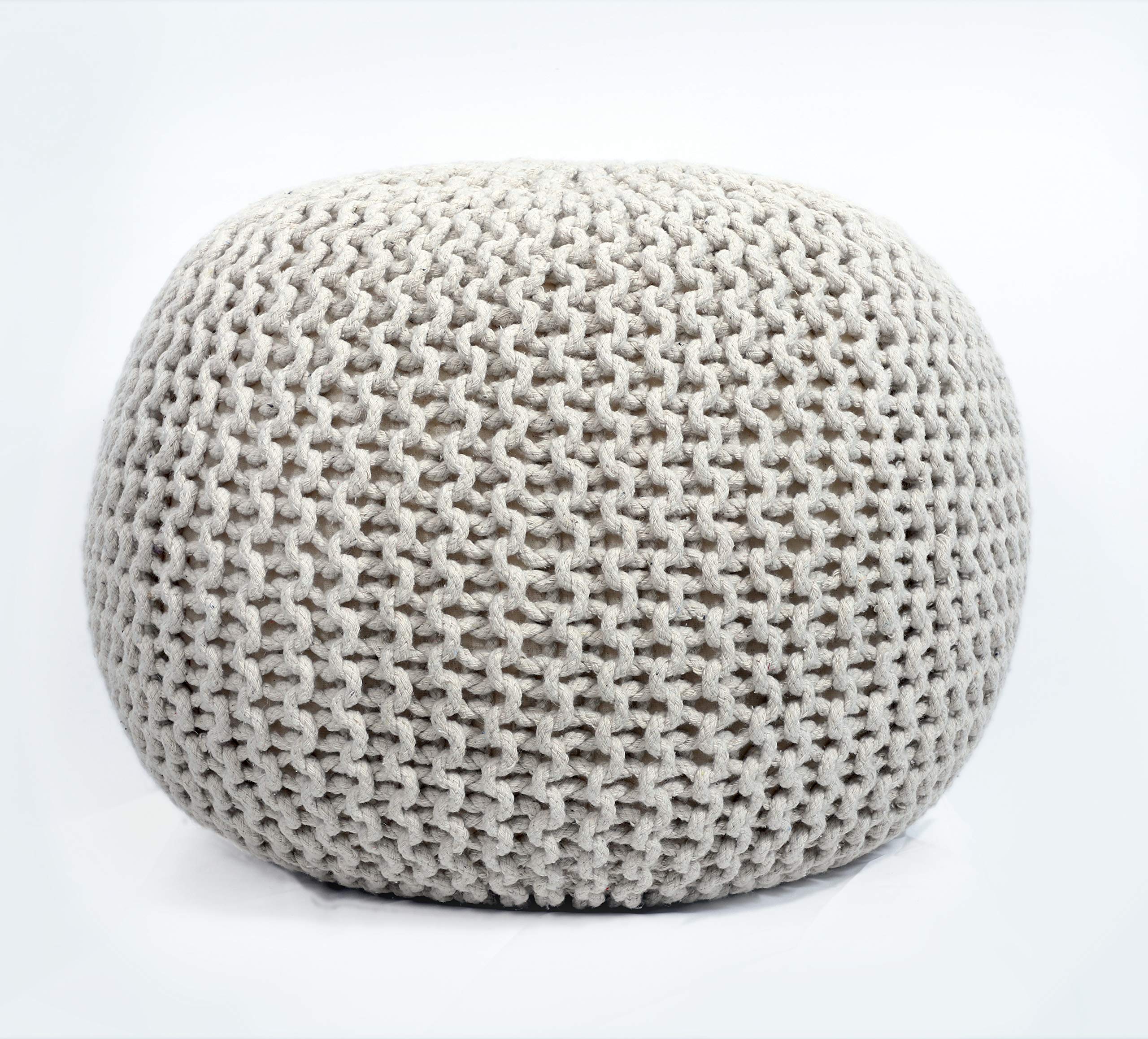Frenish Décor Hand Knitted Cotton Ottoman Pouf Footrest 20x20x14 INCH, Living Room Accent seat (Natural)