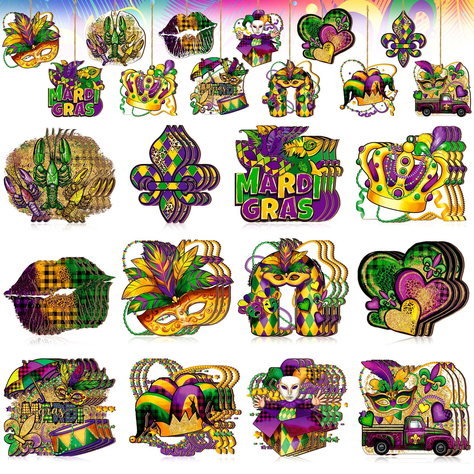 Photo 1 of Huwena 36 Pcs Vintage Mardi Gras Tree Ornaments Wooden Mardi Gras Ornaments Crown Heart Mask Wood Cutouts Rustic Farmhouse Tree Decorations for Home Outdoor Carnival Party