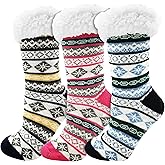 Winterlace Fuzzy Fluffy Slipper Socks, 3 Pairs Womens Sherpa Non Slip Plush Comfy Cozy Cabin Sock