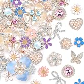 Giegxin 24 Pcs Rhinestone Flower Buttons Craft, Pink Blue Purple | Faux Pearl Embellishments, Butterfly Heart Shape, DIY Clothing Bag Shoes, Wedding Bling Gift, Vintage Brooch Accent