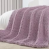 Carriediosa Chunky Knit Throw Blanket 50" X 60", 100% Hand Made Large Chenille Loop Yarn Soft Fluffy Throws for Couch Sofa Bed, Big Crochet Cozy Heavy Thick Cable Woven Blankets, Purple