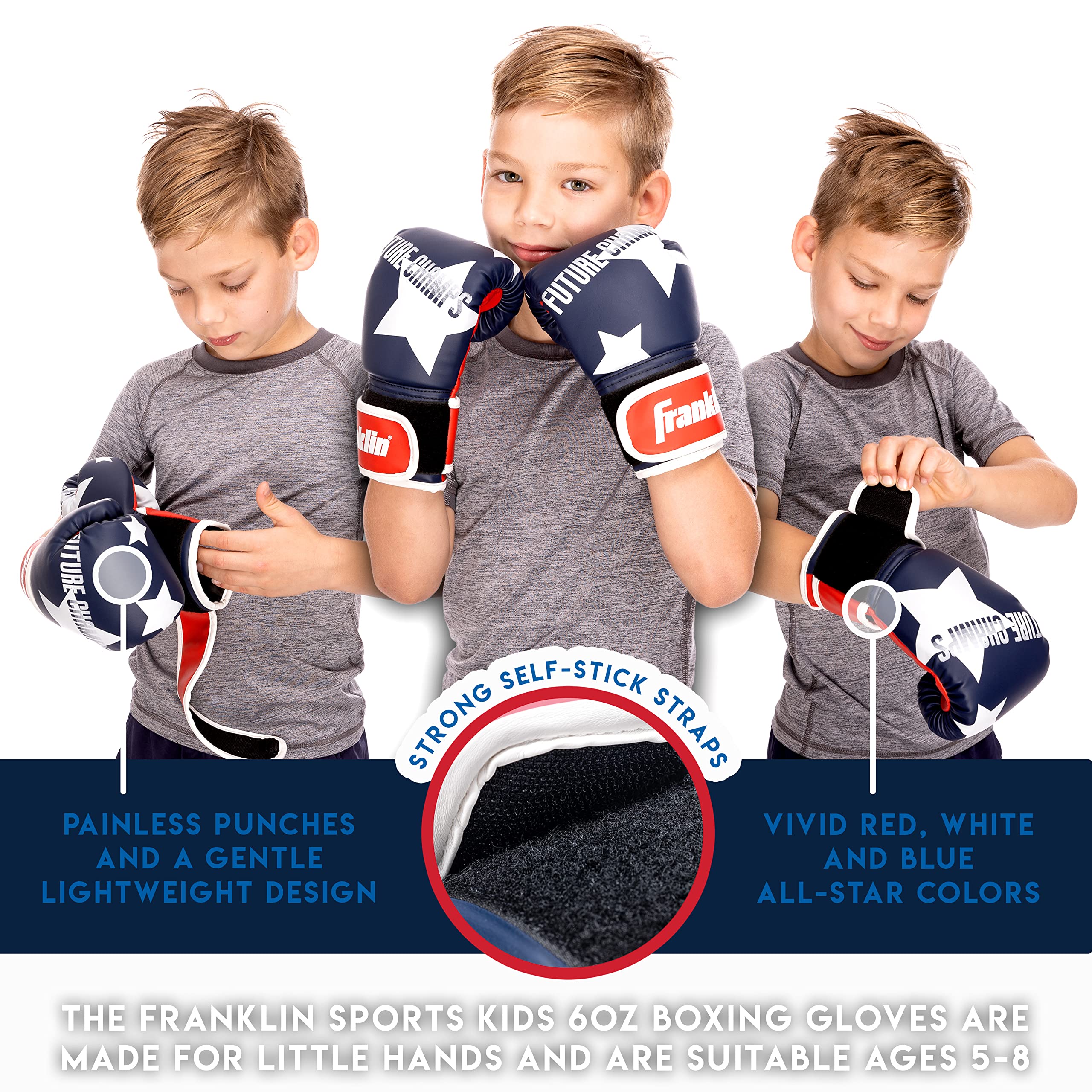 Franklin Sports Kids Boxing Gloves Set - Future Champs Youth Training Boxing Gloves for Kids Ages 5-8 - 6 Ounce - Boys + Girls - Red + Blue Pair