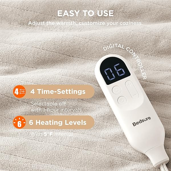 BEDSURE HEATED BLANKET THROW BLANKET – FAST HEATING ELECTRIC BLANKET, SOFT FLANNEL HEATED THROW WITH 4 TIME SETTINGS, 6 HEATING SETTINGS, WARM GIFTS FOR GRANDMA (50X60 INCHES, CREAM)