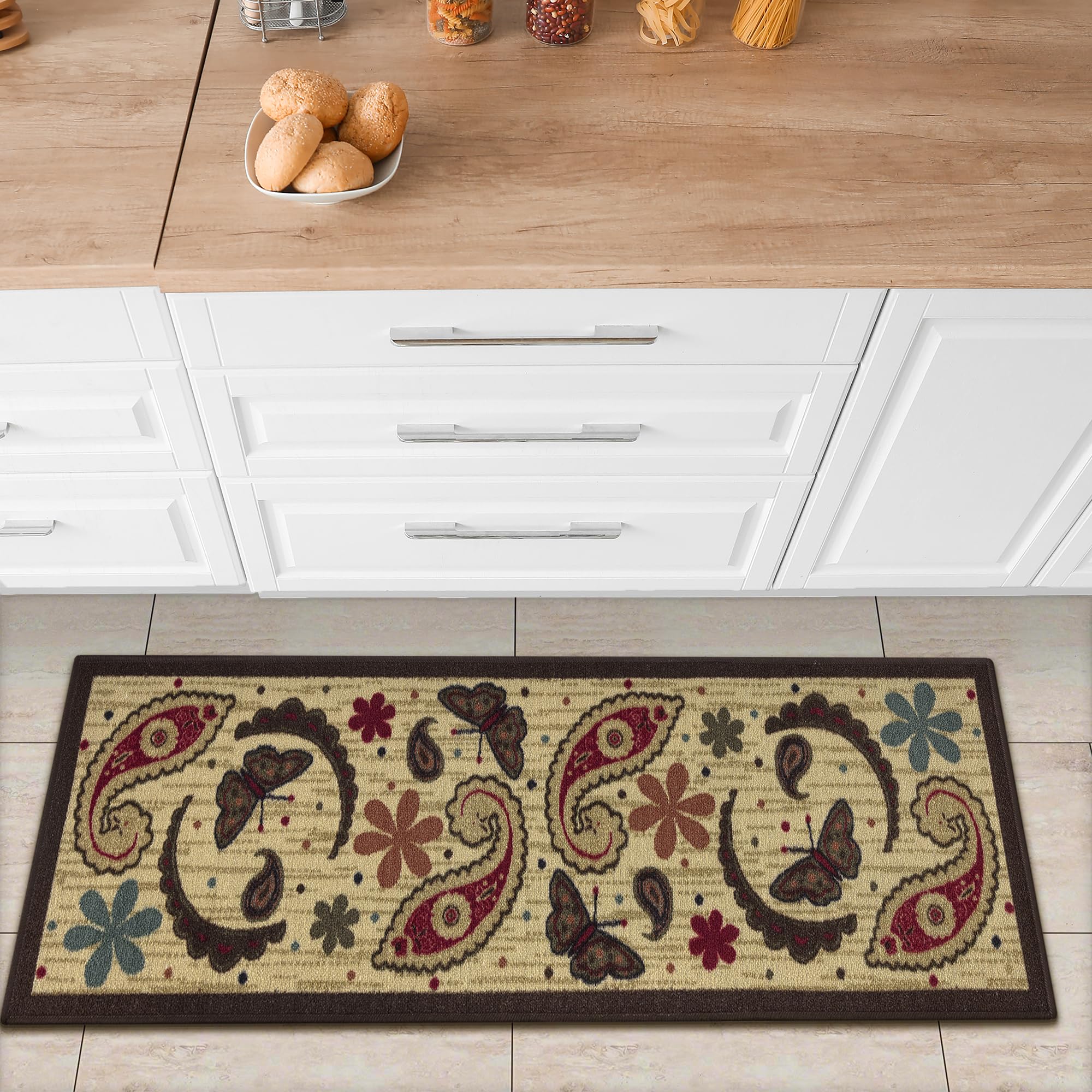 Ottomanson Sara's Kitchen Paisley Design Mat Runner Rug with Non-Skid (Non-Slip) Rubber Backing, 50 cm x 150 cm, Beige