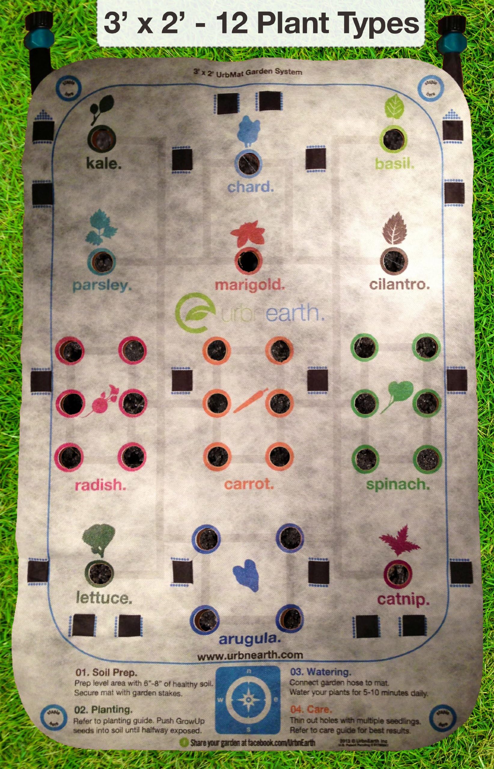 UrbnEarth Garden Mat with Built-in drip line Irrigation -3FT x 2 FT -12 Plant Varieties, 30 Seedballs, six Plant Staples. Pre-Cut Holes- Non-GMO seedballs take The Hassle Out of Planting. Made in USA