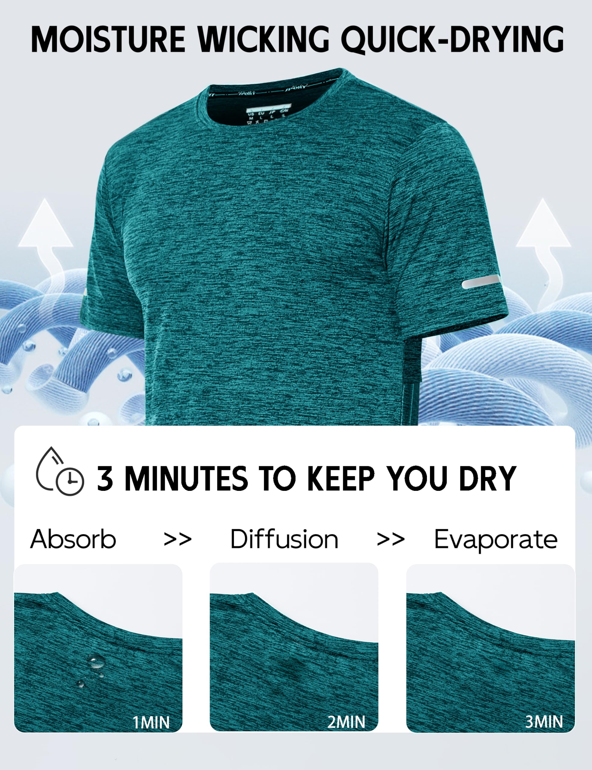 MAGCOMSEN Herren Meliert Sport T-Shirts Schnelltrocknend Funktionsshirts mit Reflektorstreifen Atmungsaktiv Wandershirt Leicht Trainingsshirt Ohne Etiketten Jadegrün XL 3