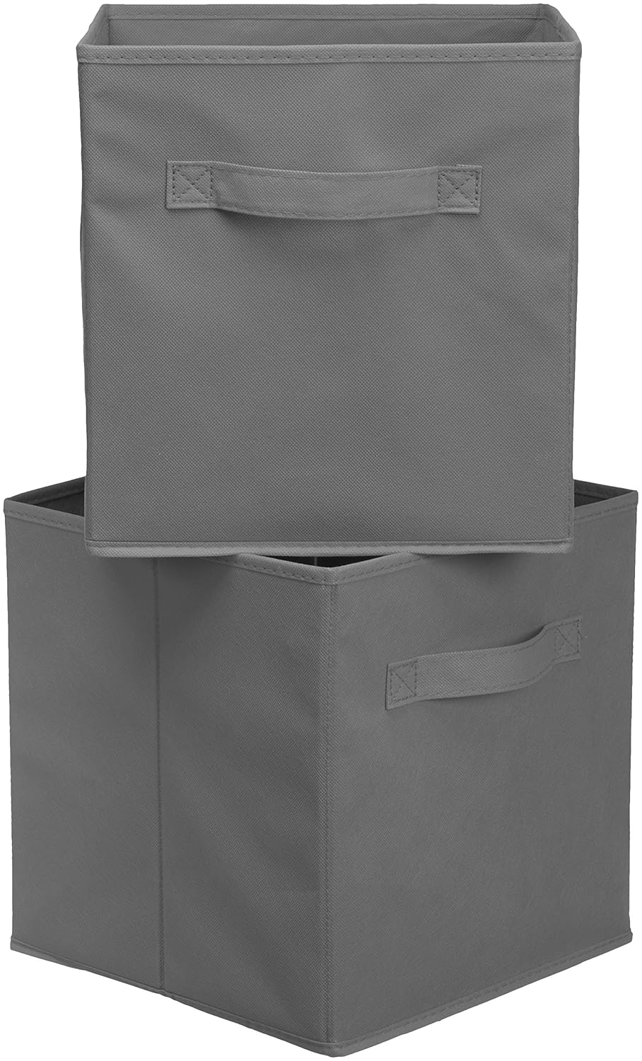 Two grey fabric storage cubes stacked on top of each other. 