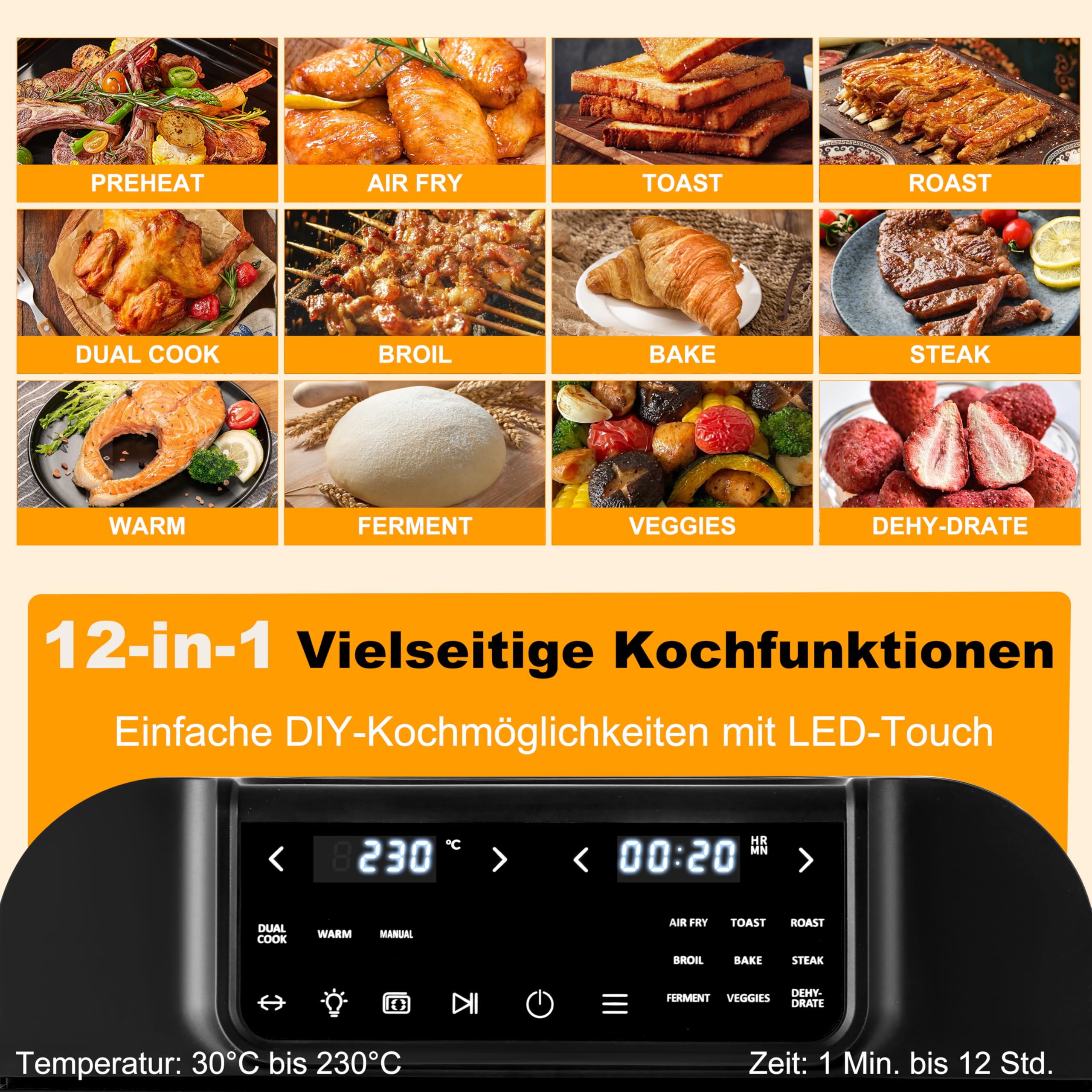 16L Heißluftfritteuse XXL mit Rotisserie Große Kapazität Bis zu 230°C 9 smarte Kochfunktionen Air Fry Roast Grill Bake Dehydrate & Mehr Einfache Digitale Steuerung Tischofen 3