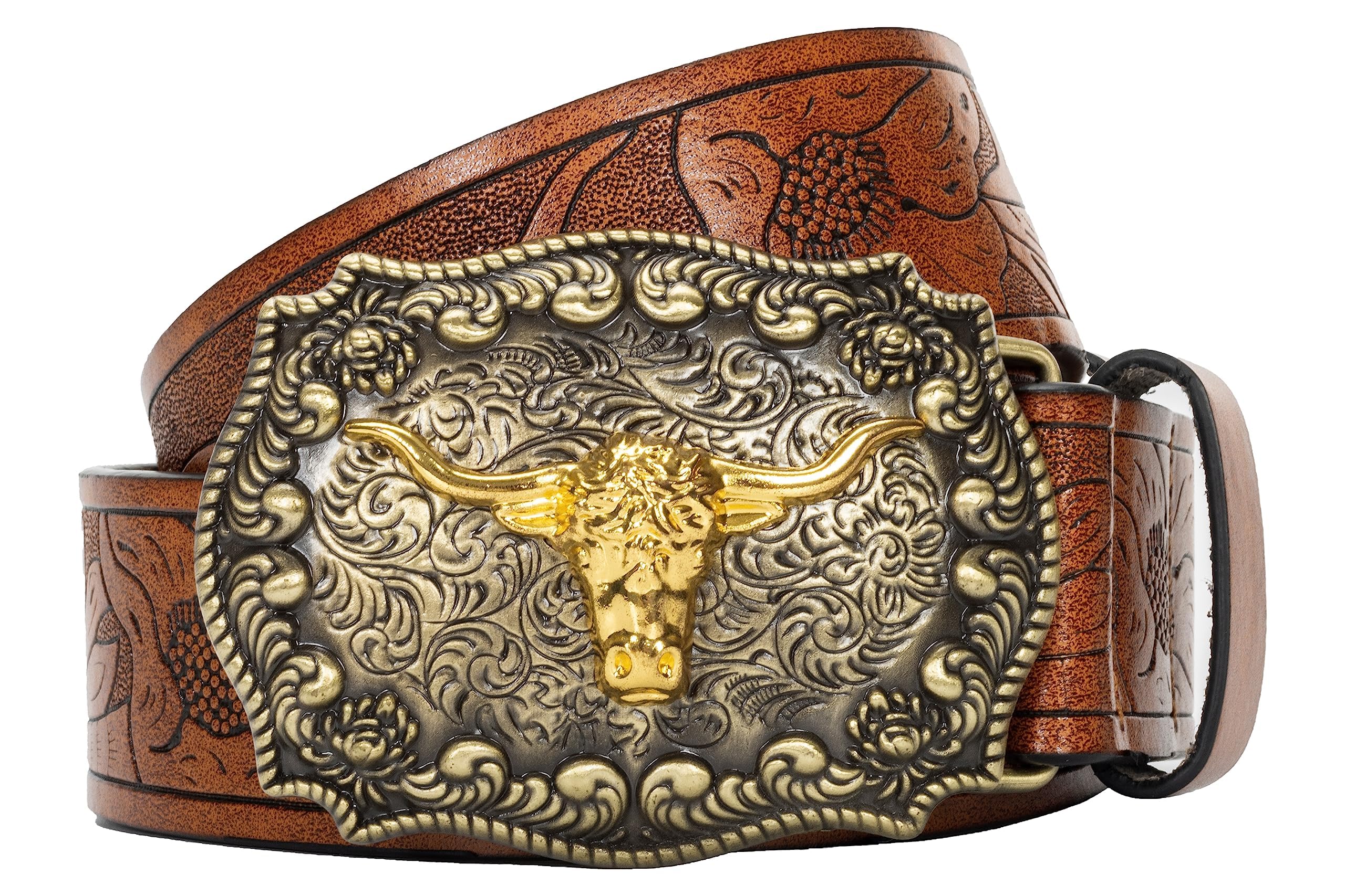 Photo 1 of ***SIMILAR ITEM**Eohak Mens-Western-Cowboy-Belt - Longhorn-Bull-Pattern-Buckle-Belt Floral-Engraved-Buckle-Belt Fit 25" to 38" Waist (Brown, Fit Waist 25-30 in)