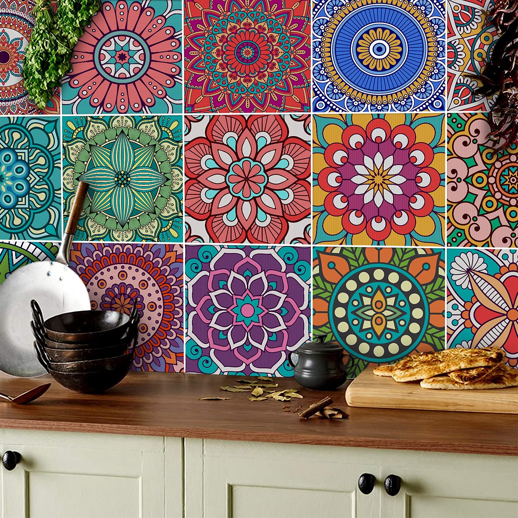 TOARTI Moroccan Tile Stickers for Kitchen and Bathroom - 18pcs 15cm(6") Mandala Self-Adhesive Transfers for Table, Stair - Vinyl Wall Mosaic Decals in Mexican Spanish Style
