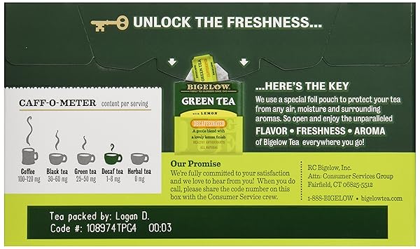 BIGELOW TEA GREEN TEA WITH LEMON, DECAF, 20 CT
