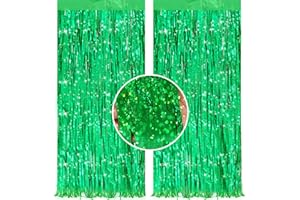 YIGHAW 2 Pack 3.2 ft x 9.8 ft Bling Green Tinsel Curtain Party Backdrop - Metallic Foil Fringe Backdrop Door for Halloween, Christmas, Birthday Graduation Wedding Party Streamers Photo Backdrop.
