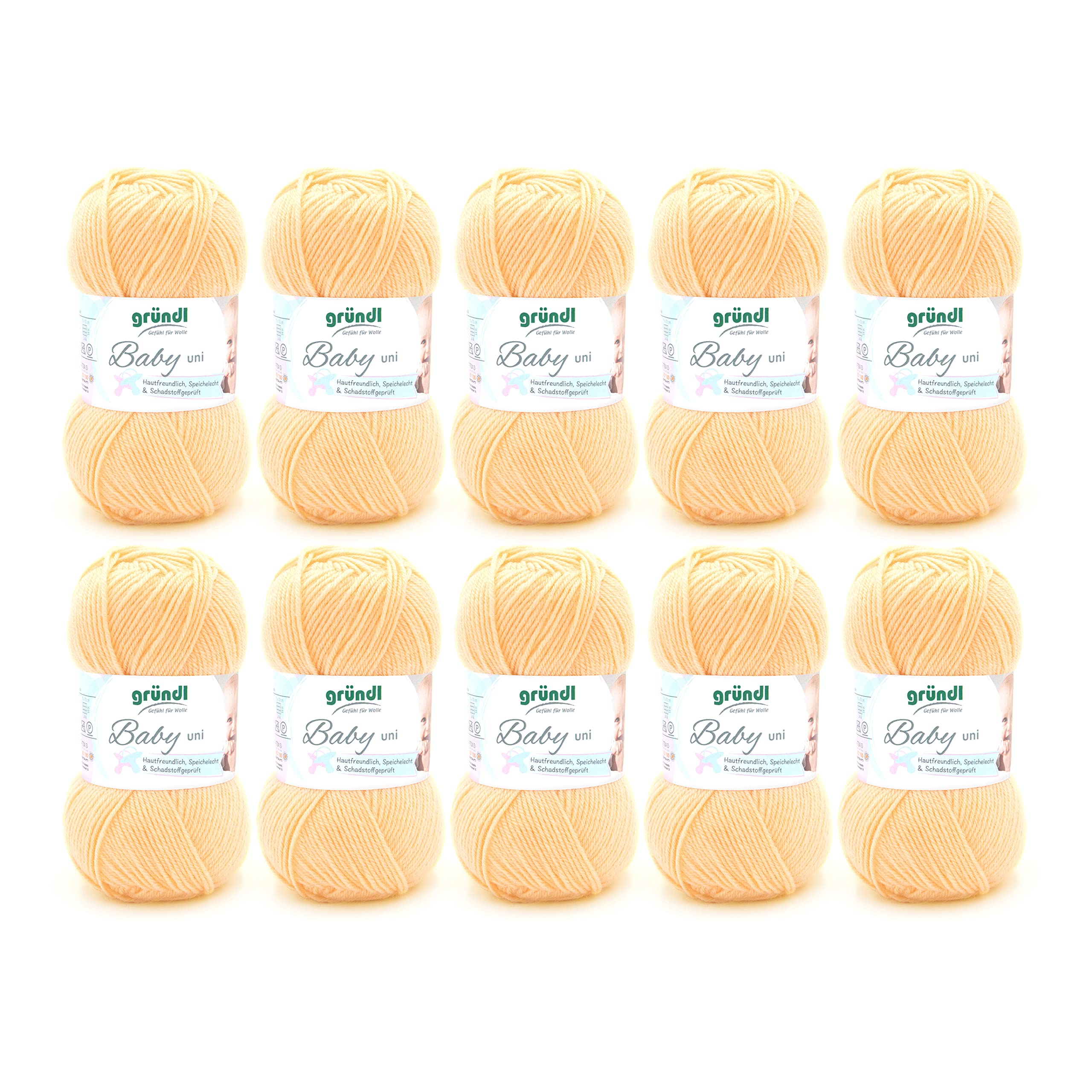 Gründl Baby Uni knitting/crochet yarn (hard wearing and easy-care, made of 70% polyacrylic and 30% polyamide, 50 g / 150 m, needle size: 3.5-4.5mm, 10 x 50 g), Pastel yellow