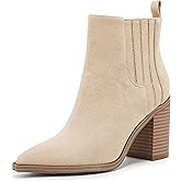 Womens Ankle Boots Slip on Pointed Toe Chunky Block Mid Heel Leather Elastic Panel Casual Chelsea Western Booties