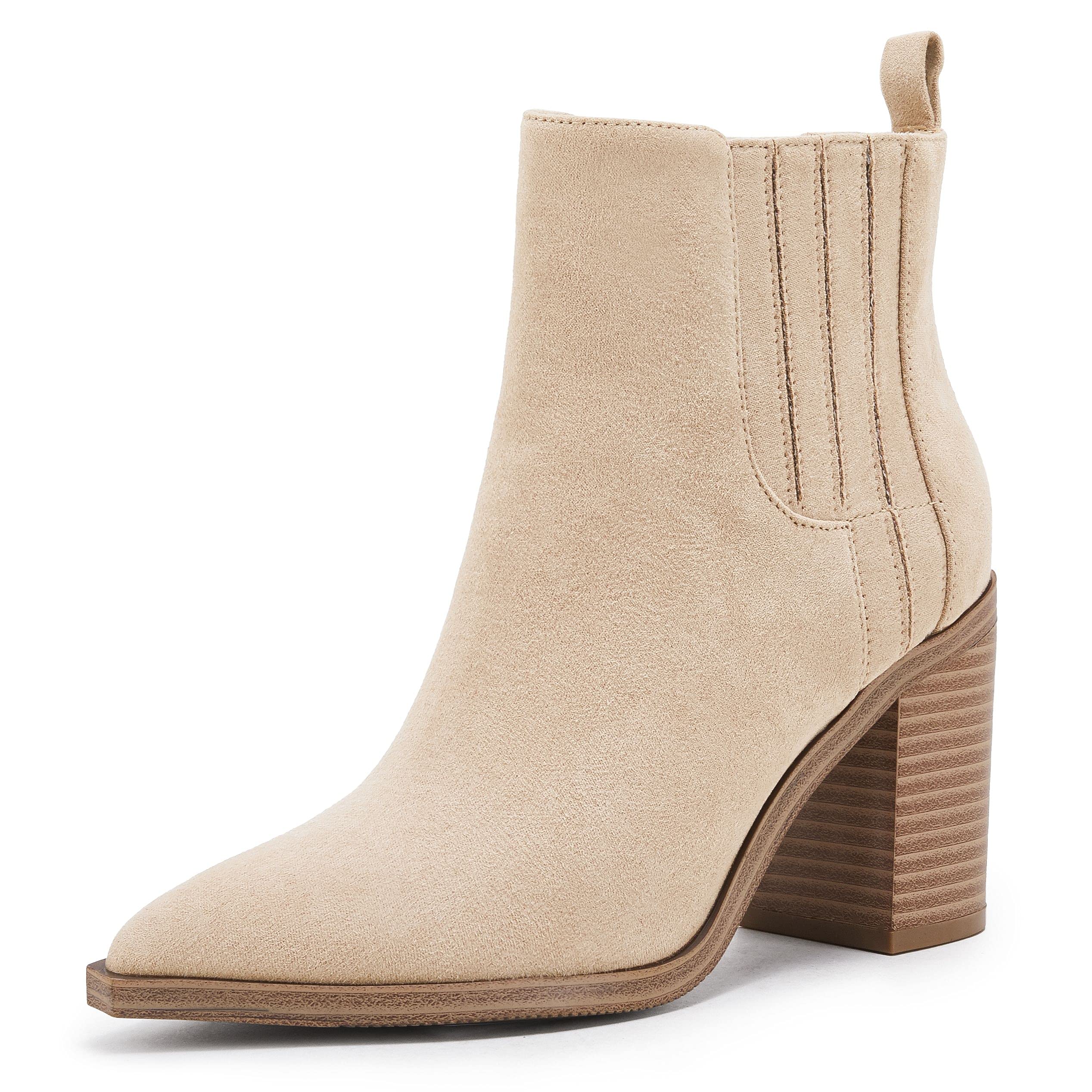 Womens Slip on Booties Chunky Stacked Mid Heel Leather Pointed Toe ...