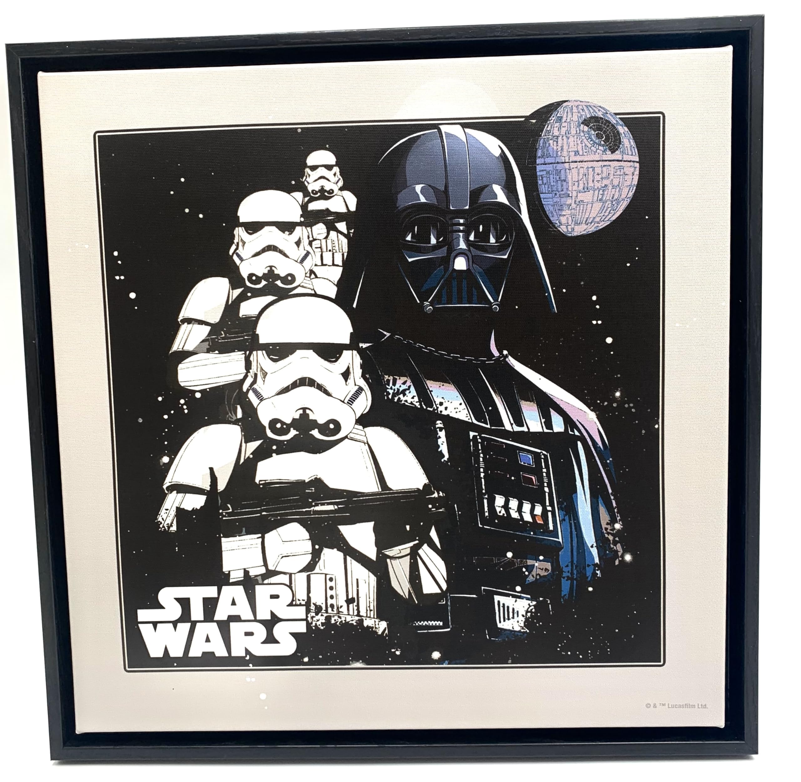 View 1 of * the back  has a rip in it *
Silver Buffalo Star Wars 12" x 12" Framed Floating Canvas Wall Sign Art – Featuring Darth Vader Storm Troopers Death Star with light grey boarder