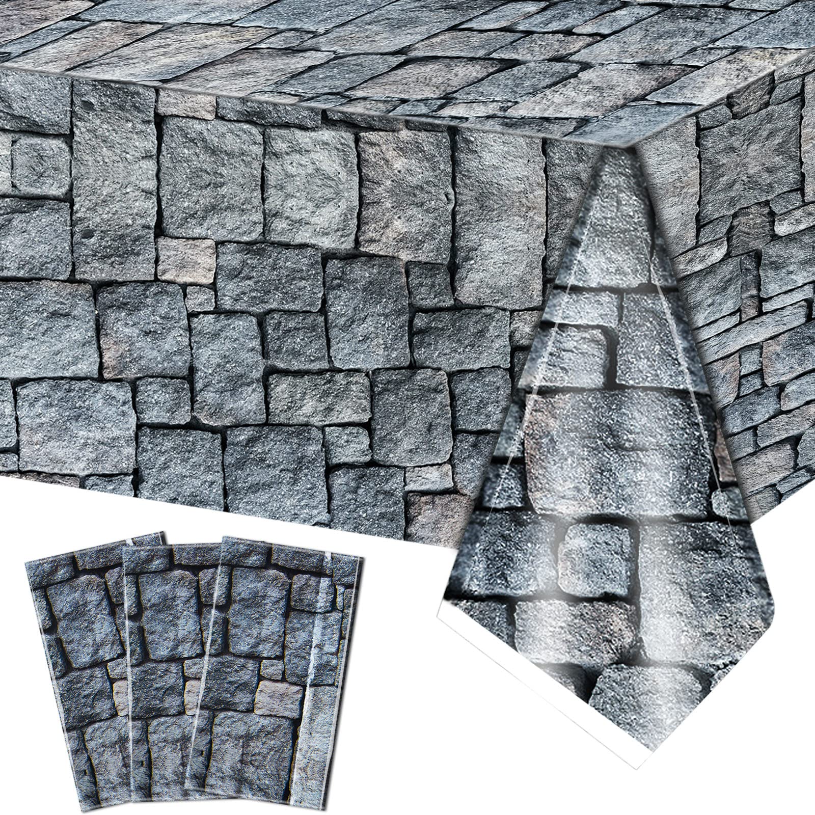 Photo 1 of 3 Packs Cobblestone Tablecloth Stone Printed Table Cover Medieval Table Decoration Plastic Tablecloth Stone Brick Tablecovers for Medieval Castle Knight Themed Party Supplies, 4.3 x 7.2 Feet