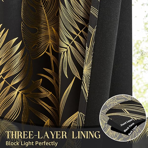 RONALDECOR GOLD LEAF FOIL BLACKOUT CURTAINS 84 INCHES LONG FOR BEDROOM BLACK CURTAIN PANELS ROOM DARKENING THERMAL INSULATED NOISE REDUCING GROMMET WINDOW TREATMENTS SETS, 52″ W, 2 PANELS