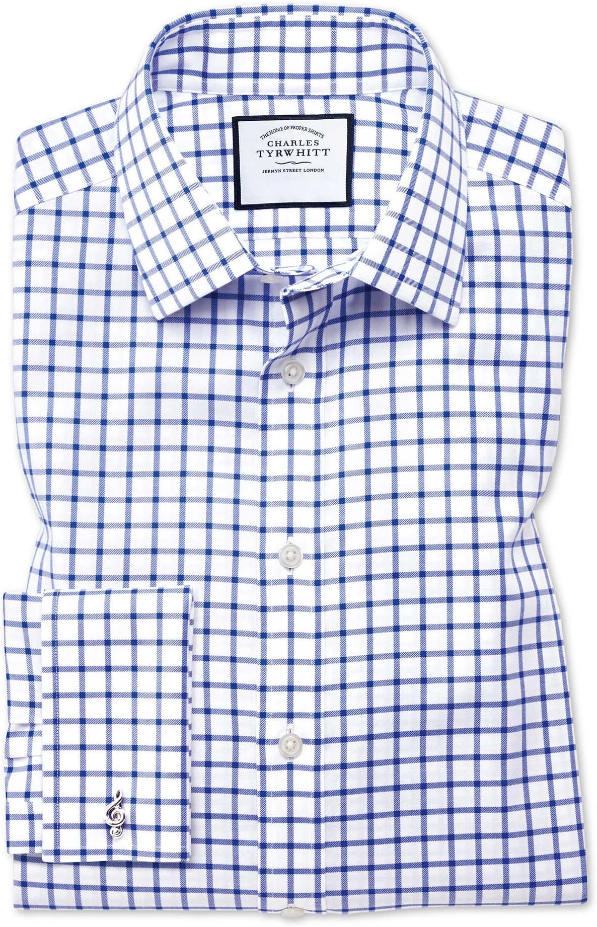 Classic Fit Non-Iron Royal Blue Grid Checkered Twill Cotton Formal Shirt Double Cuff by Charles Tyrwhitt