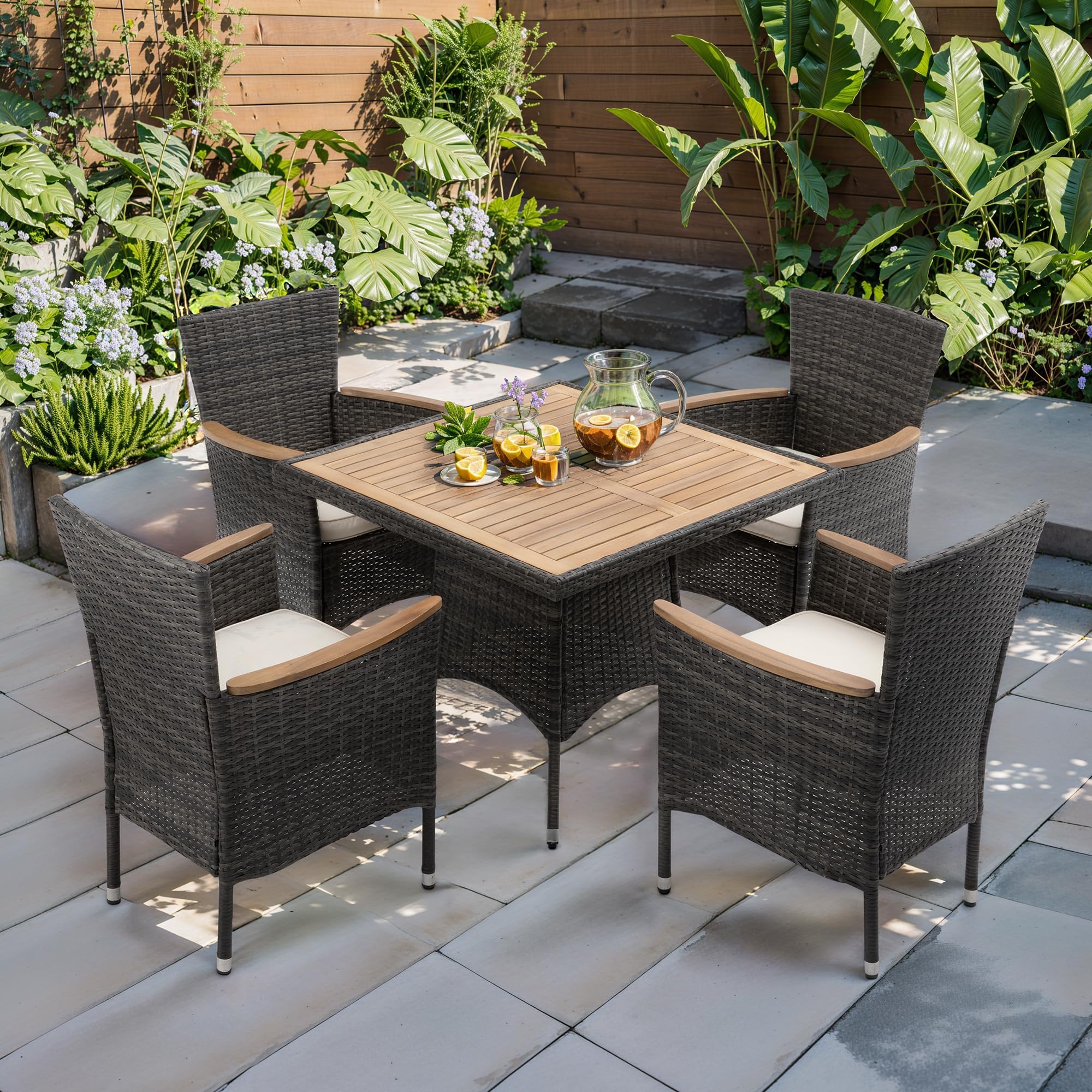 Photo 1 of ** TABLE ONLY ** RoyalCraft , Water-Resistant Rattan Outdoor Dining Table and 4 Chairs with Wood Table Top, Conversation Set Removable Cushions for Deck, Garden, Backyard, Gray