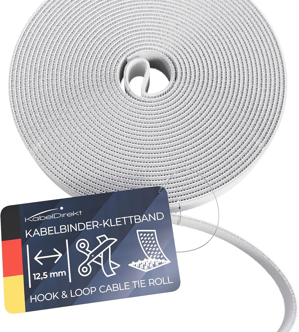 KabelDirekt Hook & Loop Cable Ties 10m x 12.5mm White Reusable Cuttable Roll