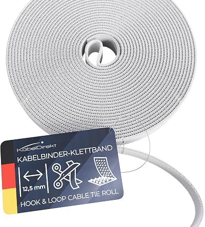 KabelDirekt Hook & Loop Cable Ties 10m x 12.5mm White Reusable Cuttable Roll