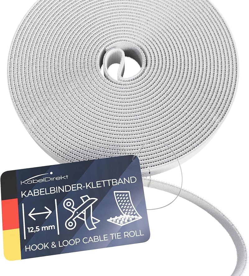 KabelDirekt Hook & Loop Cable Ties 10m x 12.5mm White Reusable Cuttable Roll