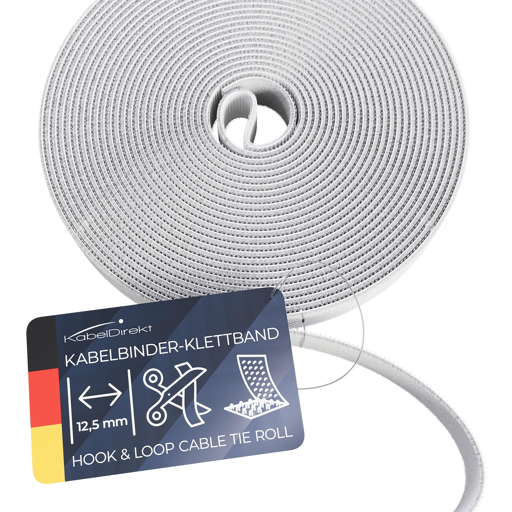 KabelDirekt – Hook and Loop Cable Ties – 5 m × 12.5 mm – Environmentally Friendly Cable tie roll, Individually cuttable & Reusable (Cable Protecting – White)