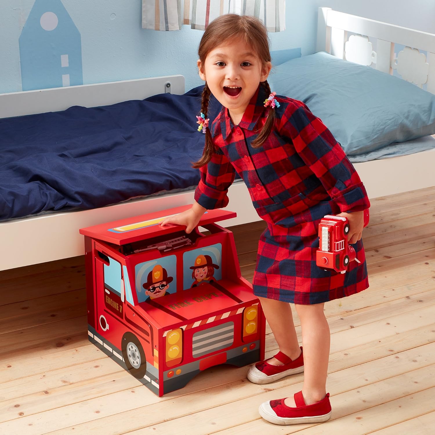 Fantasy Fields - Sturdy Wooden Structure Little Fire Fighters Themed Kids Step Stool with Storage, Nursery Step Stools, Lead and Non-Toxic Free Water-Based Paint, Red (TD-12510A): Toys & Games