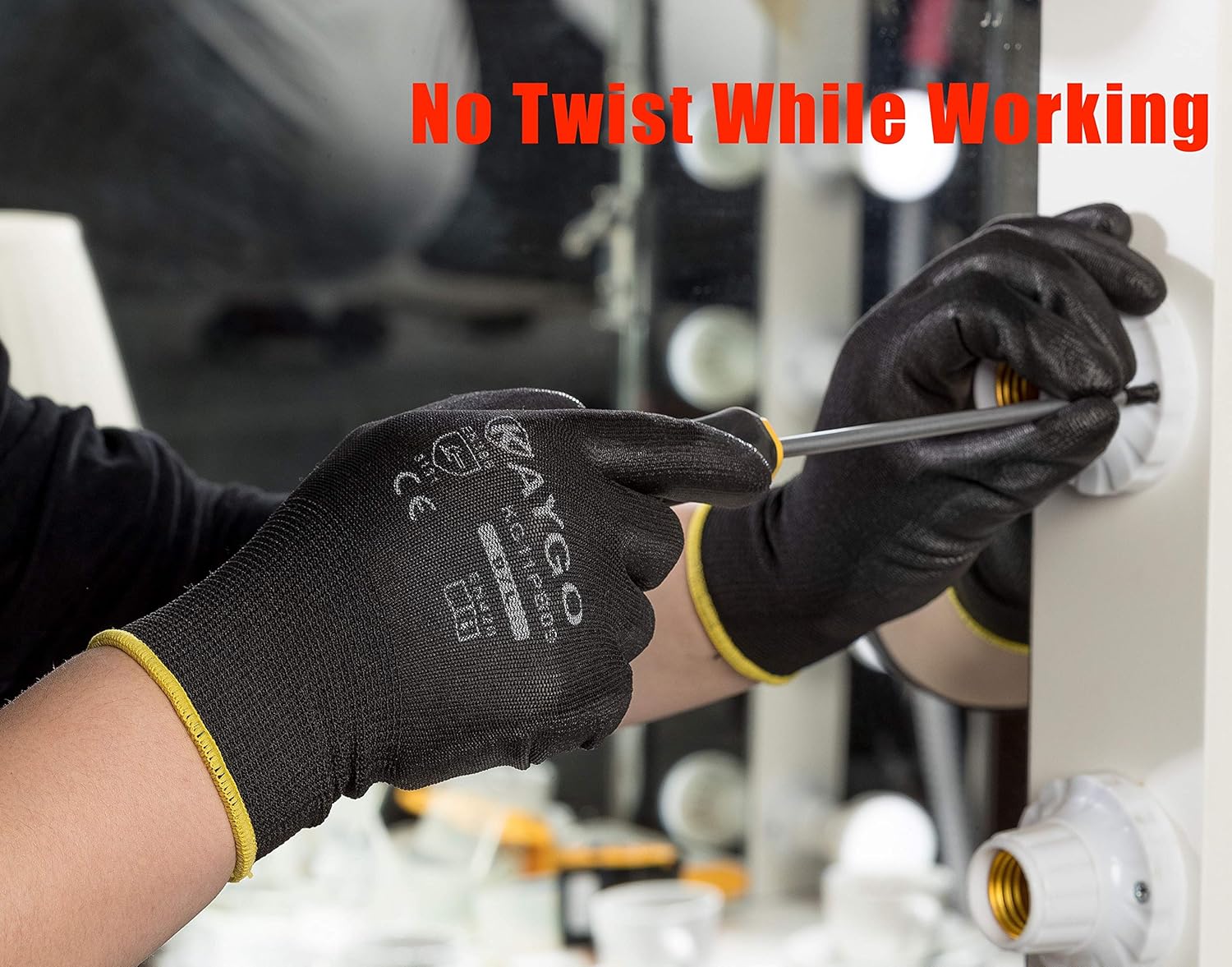 Safety Work Gloves PU Coated-12 Pairs, KAYGO KG11PB, Seamless Knit Glove with Polyurethane Coated Smooth Grip on Palm & Fingers, for Men and Women, Ideal for General Duty Work (Large, Black) - - 