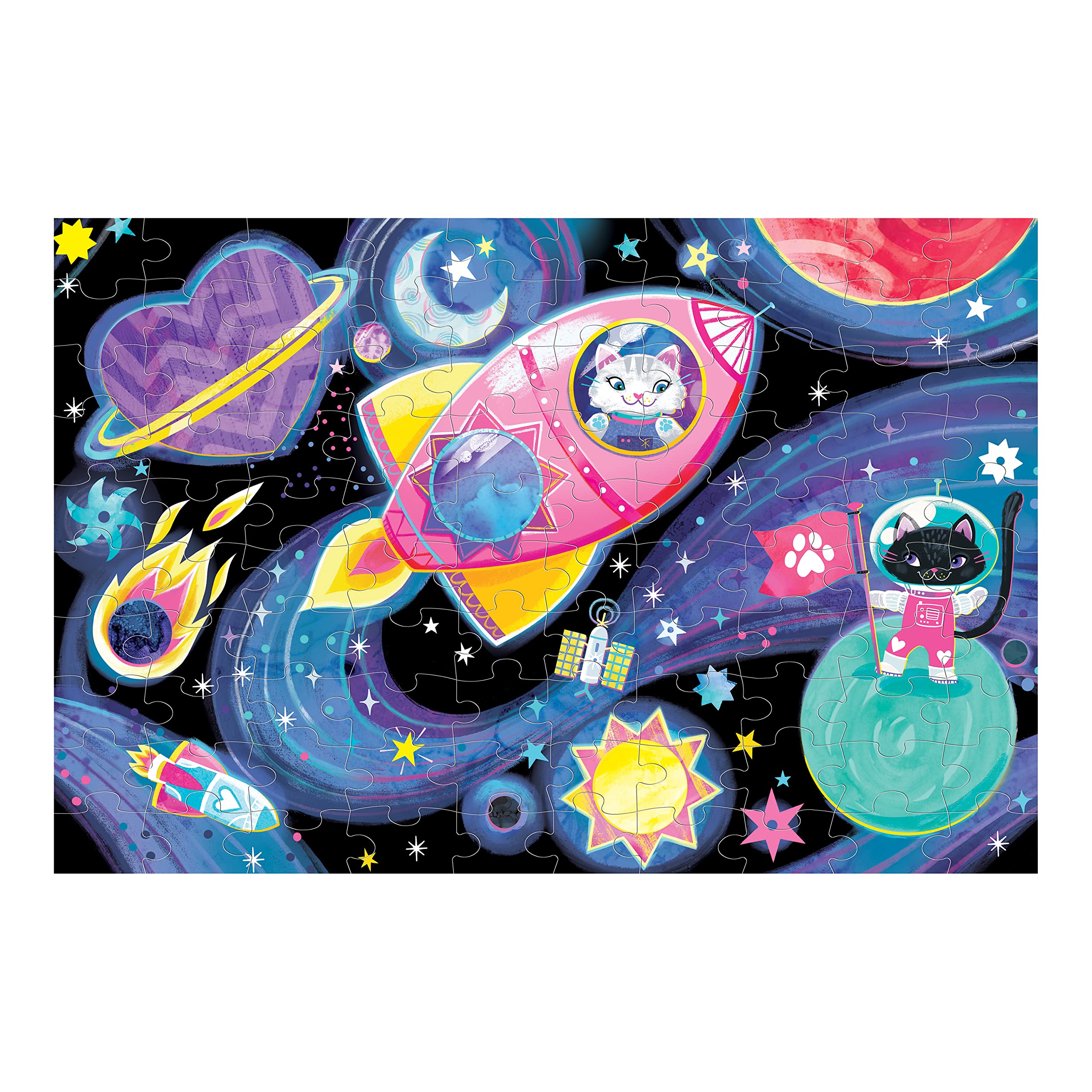 Mudpuppy Cosmic Dreams – 100 Piece Glow in The Dark Jigsaw Puzzle with an Outer Space Scene of Astronaut Cats and Hidden Planetary Details in The Dark