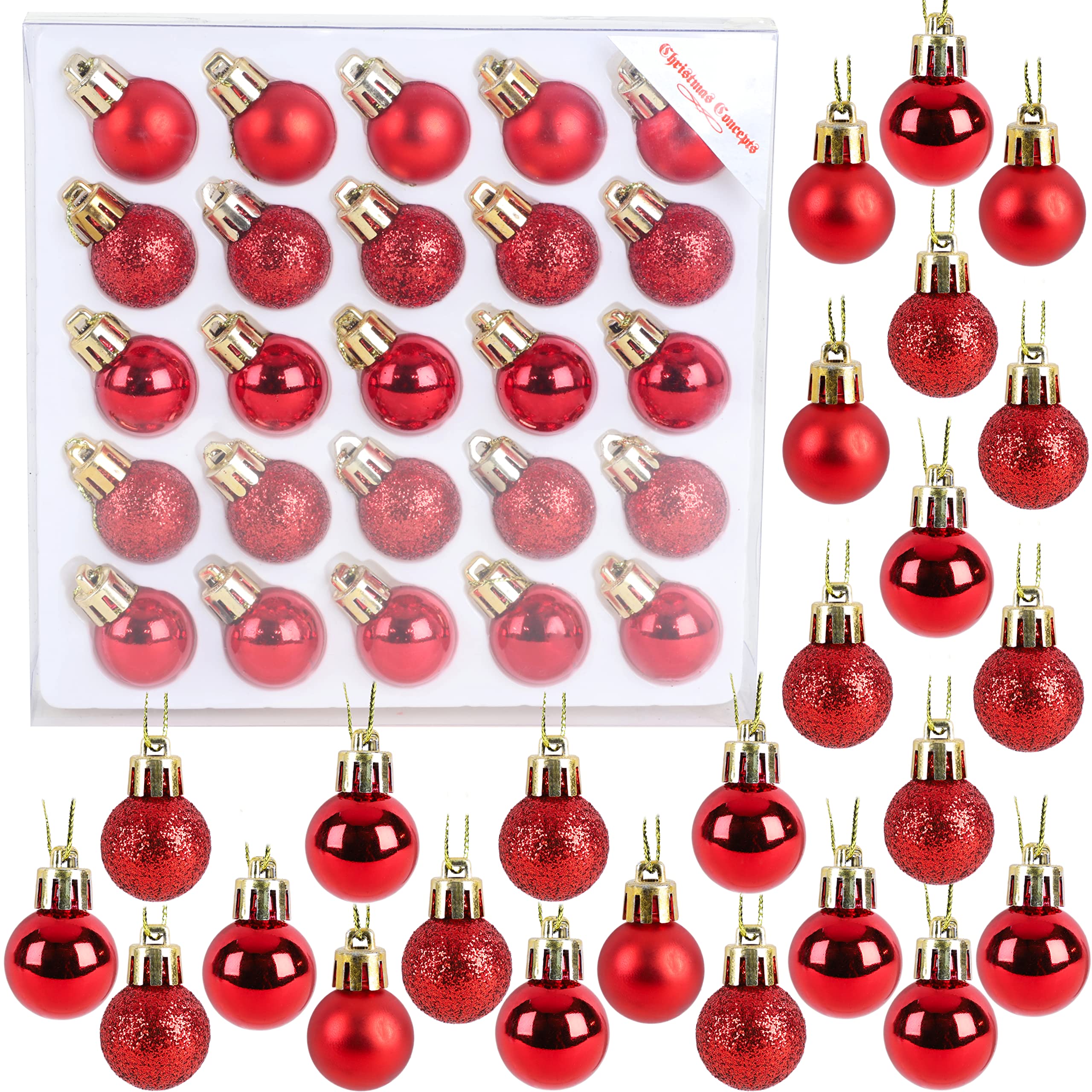Christmas Concepts® Pack of 25-25mm (1") Mini Christmas Tree Baubles - Shiny, Matte & Glitter Decorated Baubles (Red)