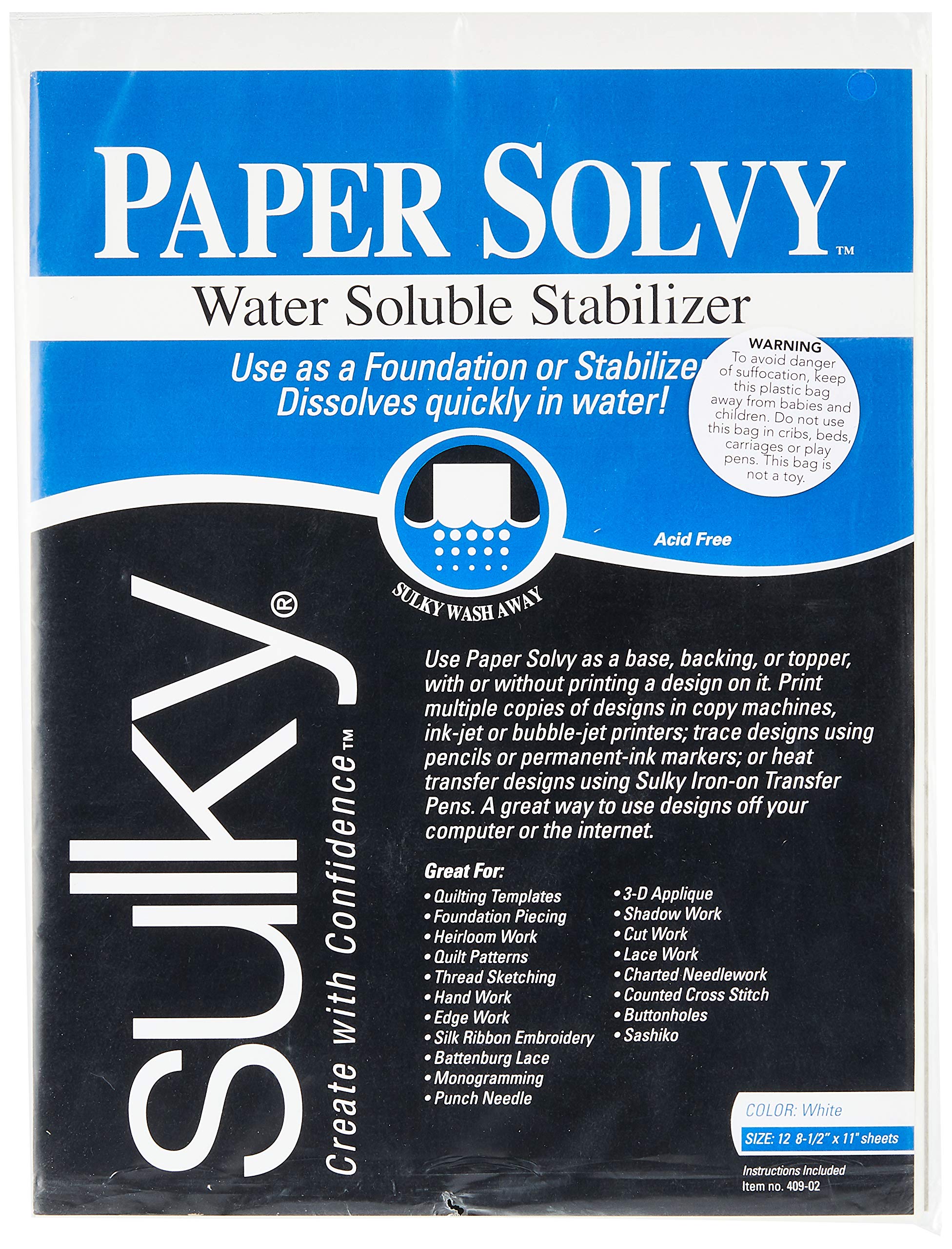 Sulky 8 1/2 x 11-inch Paper Solvy Water Soluble Stabilizer, Pack of 12