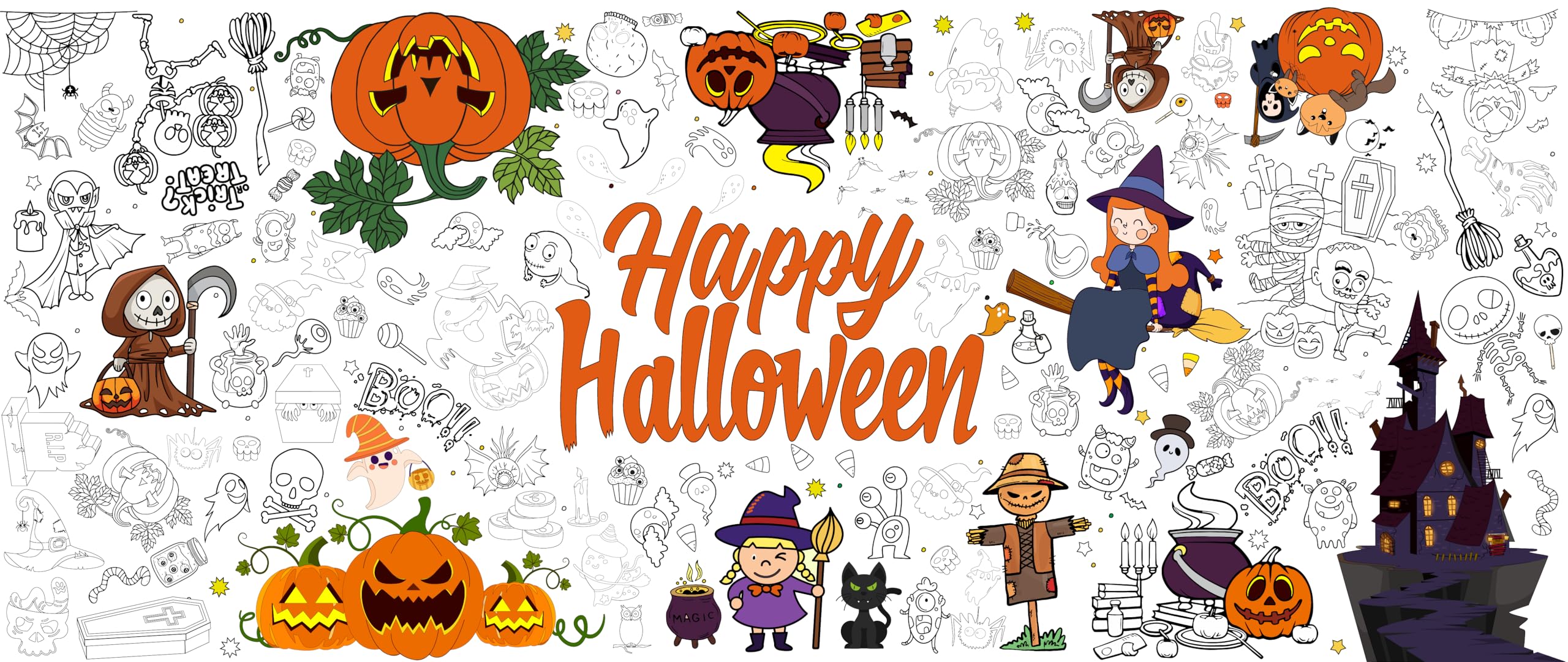 Tbsone Halloween Coloring Tablecloth Poster for Kids – 72 * 30 Inch Giant Coloring Table Cloth for Halloween Crafts Activities, Fun DIY Art Supplies for Parties & Family School Games
